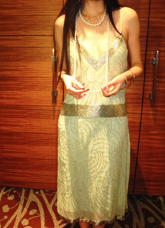 Champagne Vintage Beaded Spaghetti Strap Elegant Prom & Evening Party Dress gh8394