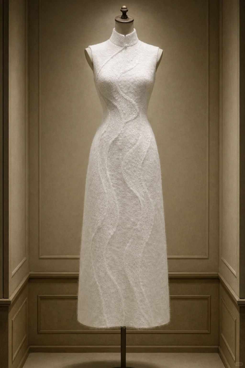 ✨Girlhomeshops-White Sleeveless Textured Qipao Midi Dress with Mandarin Collar gh10533