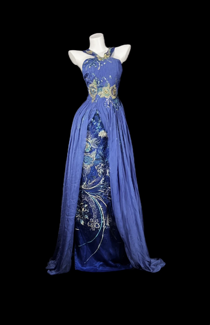Light Blue Strapless Retro Pattern Split Elegant Long Ball Gown, Evening Dress gh7170
