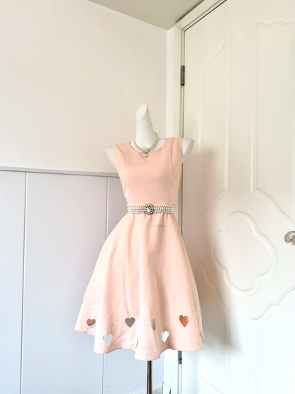 Light Peach Sleeveless Pearl‑Rhinestone‑Sash Heart‑Cutout‑Hem A‑Line Short Party Dress, Homecoming Gown gh9246