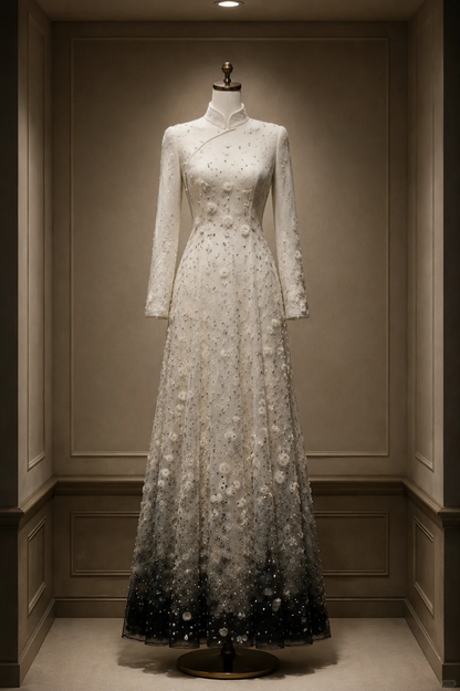 ✨Girlhomeshops-Ombre Ivory Black Beaded 3D Flower Qipao Cheongsam Evening Gown gh10386