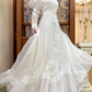 White Vintage Tulle Wedding Prom Dress, Square Neck Puff Sheer Lace Sleeves, Lace Appliqués, Multi‑Tier Ruffle Long Train gh8717
