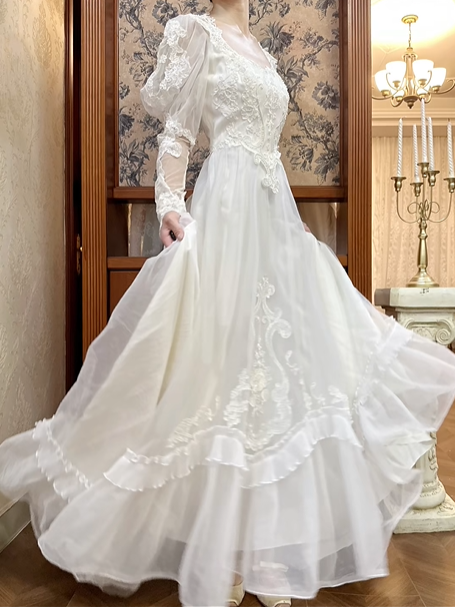 White Vintage Tulle Wedding Prom Dress, Square Neck Puff Sheer Lace Sleeves, Lace Appliqués, Multi‑Tier Ruffle Long Train gh8717