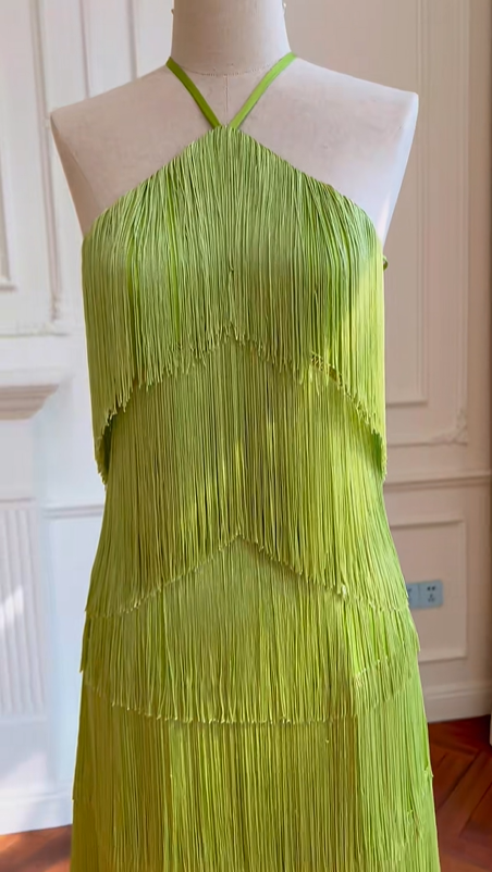 Sage Green Halter Long Evening Gown, V‑Shape Halter Neck, Multi‑Layer Pleated Fringe Tiered Skirt, Triangle Cut Bodice, Flowy Maxi Dress, Prom Party Gown gh8920