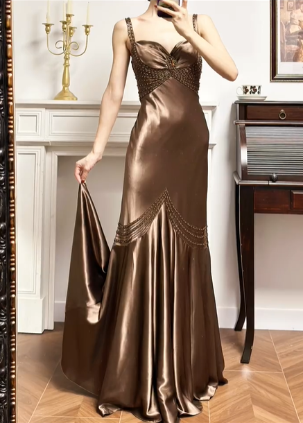 Bronze‑Brown Satin Beaded‑Strap Twist‑Knot Beaded‑Trim Mermaid Floor‑Length Vintage Evening Prom Gown gh8793