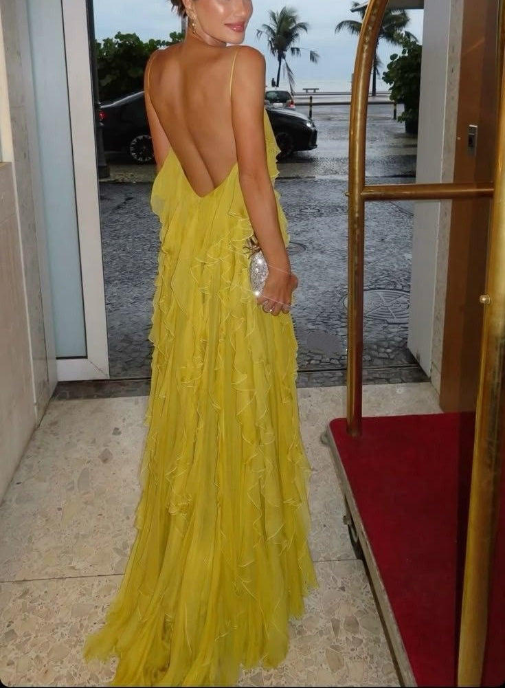 Robe de soirée longue en mousseline de soie jaune, simple et confortable, robe de bal, robe d'invité de mariage, gh4728