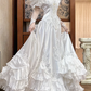 White Vintage Satin Multi‑Layer Long Train Wedding Prom Dress, Mock Two‑Piece Lace V‑Neck, Puff Over‑Sleeves Lace Inner Sleeves, Baroque Lace Appliqués gh8709