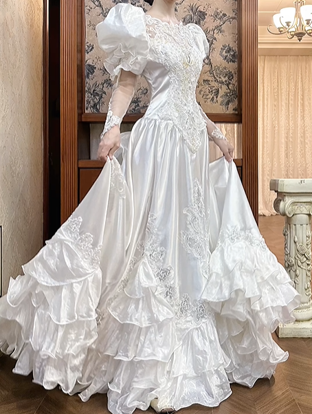 White Vintage Satin Multi‑Layer Long Train Wedding Prom Dress, Mock Two‑Piece Lace V‑Neck, Puff Over‑Sleeves Lace Inner Sleeves, Baroque Lace Appliqués gh8709