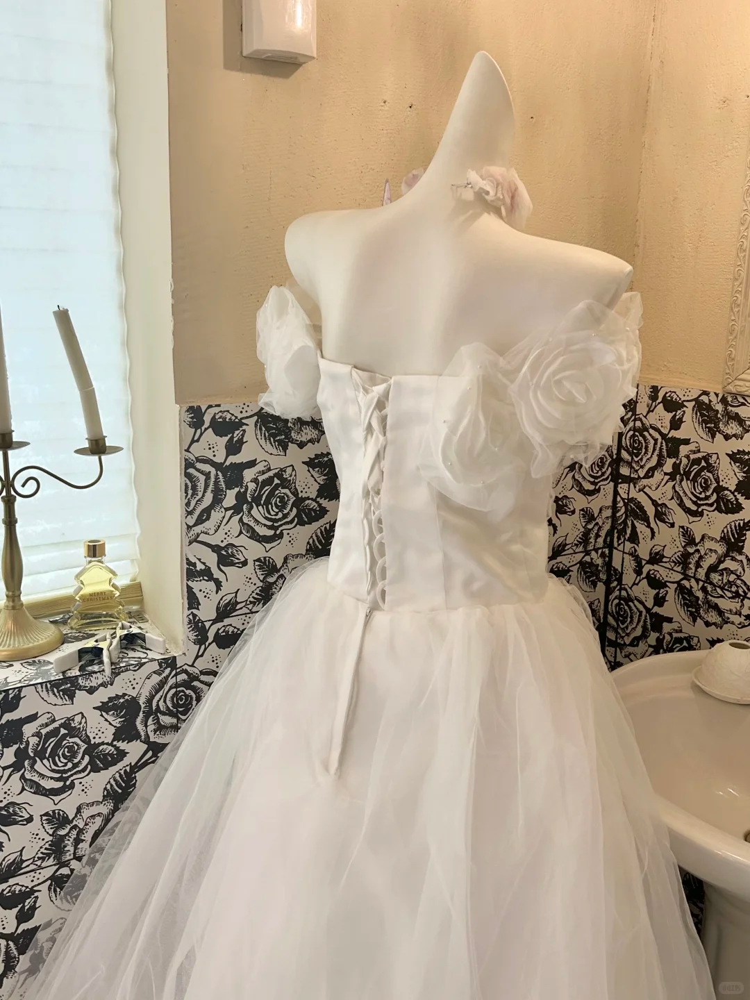 White Strapless Floral Waist-Cinched Voluminous Skirt Long Romantic Dress, Wedding Gown gh7766