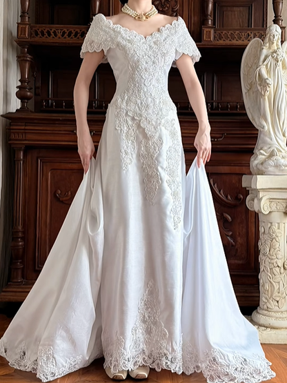 Ivory Satin Vintage V‑Neck Off‑The‑Shoulder Lace Cap Sleeve Heavy Floral Lace Appliqué Fitted Sheath Long Train Wedding Prom Gown gh8630