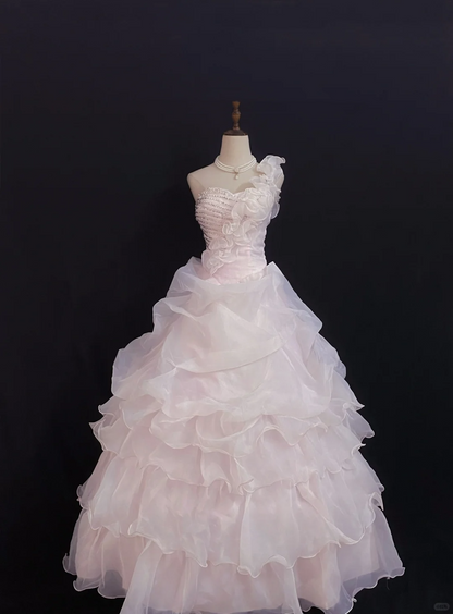 Blush Pink One‑Shoulder Long Elegant Romantic Gown with Fitted Waist and Fluffy Princess Skirt, Wedding Dress & Bridal Gown gh8305