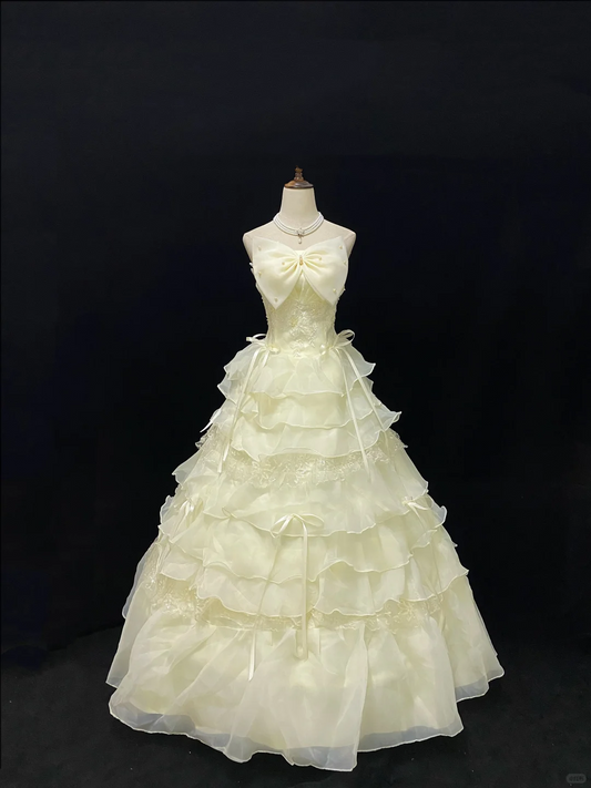 Off-White Strapless Romantic Gown with Bow Detail, Cinched Waist, Fluffy Tiered Skirt, Wedding Dress & Bridal Gown gh8174