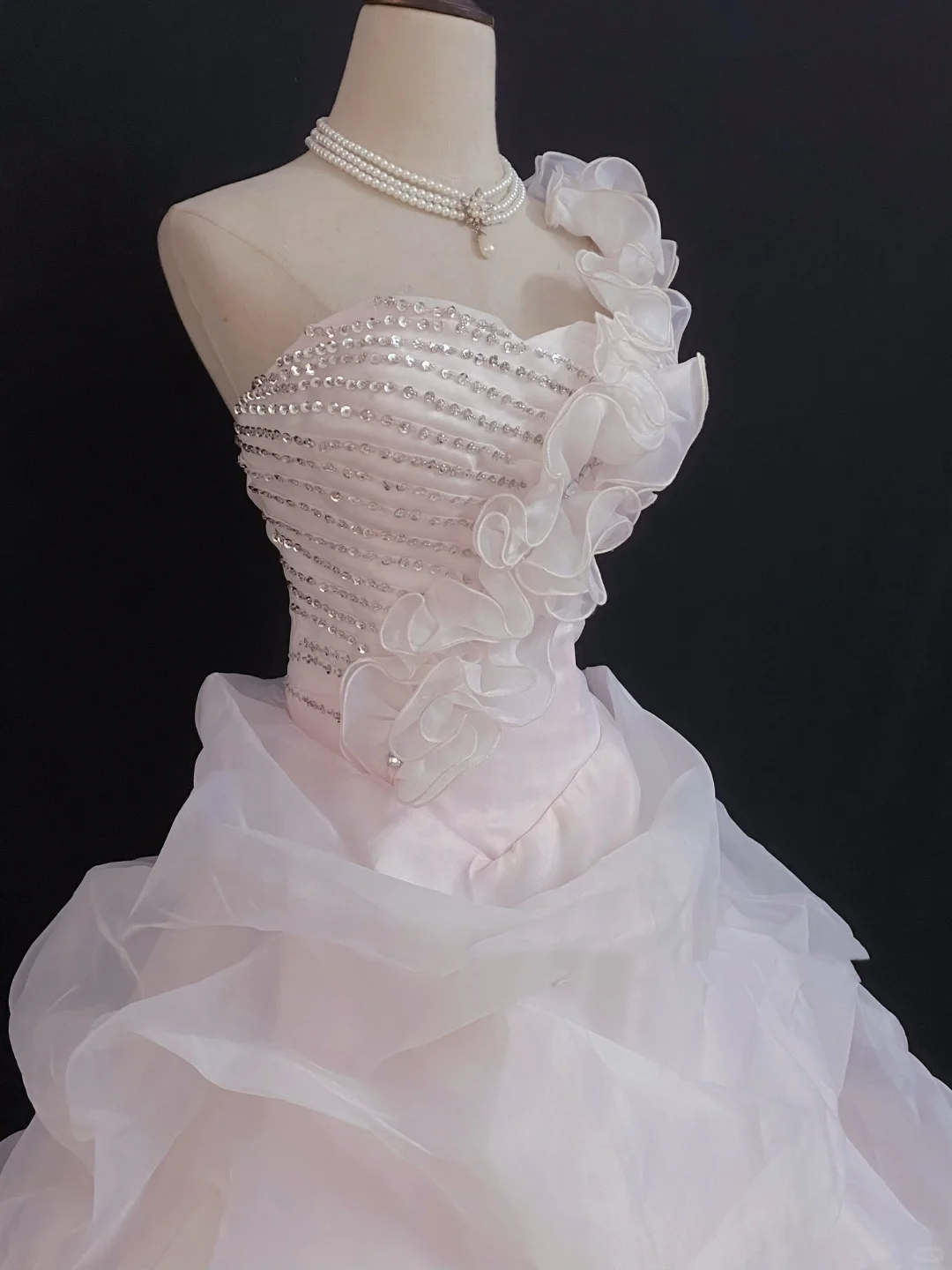 Blush Pink One‑Shoulder Long Elegant Romantic Gown with Fitted Waist and Fluffy Princess Skirt, Wedding Dress & Bridal Gown gh8305