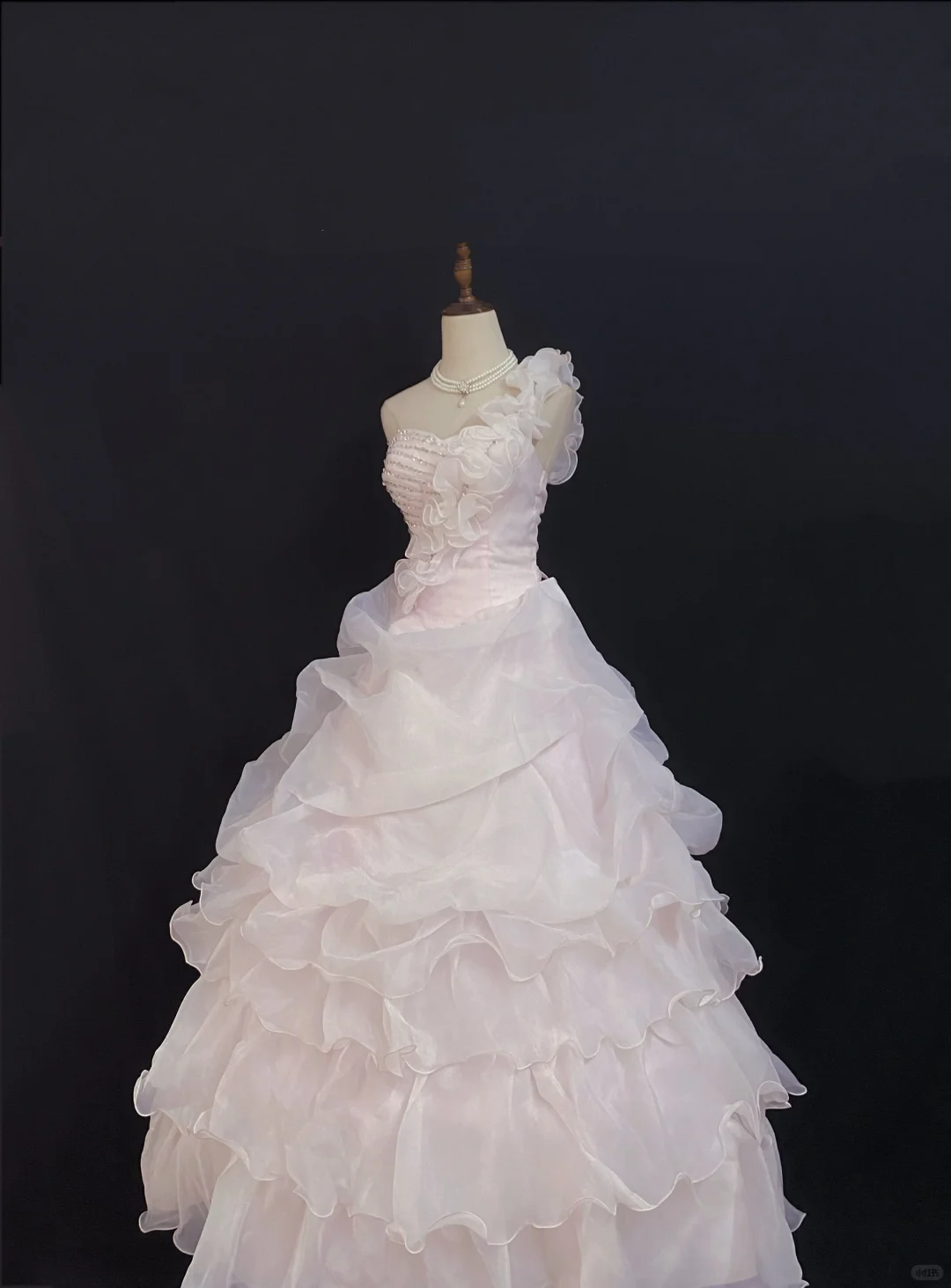 Blush Pink One‑Shoulder Long Elegant Romantic Gown with Fitted Waist and Fluffy Princess Skirt, Wedding Dress & Bridal Gown gh8305