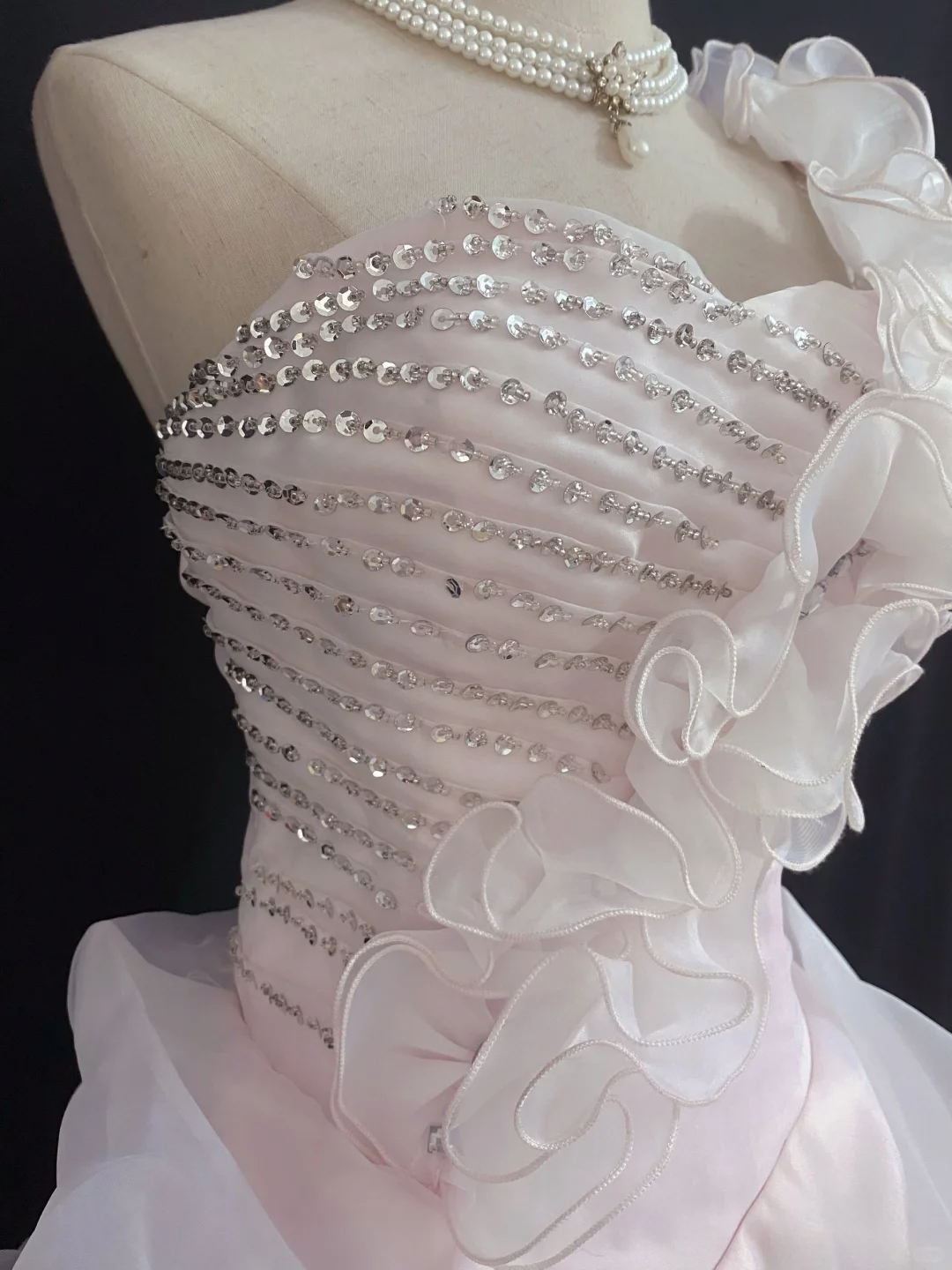Blush Pink One‑Shoulder Long Elegant Romantic Gown with Fitted Waist and Fluffy Princess Skirt, Wedding Dress & Bridal Gown gh8305