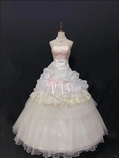 Blush Pink Strapless Elegant Romantic Gown, Cinched Waist, Voluminous Princess Skirt, Wedding Dress & Bridal Gown gh8259