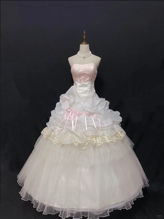 Blush Pink Strapless Elegant Romantic Gown, Cinched Waist, Voluminous Princess Skirt, Wedding Dress & Bridal Gown gh8259
