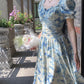Robe de soirée longue en mousseline de soie, élégante, à fleurs bleues, robe de bal, robe d'invitée de mariage, robe d'anniversaire/de fête de jardin, robe de bal gh4091