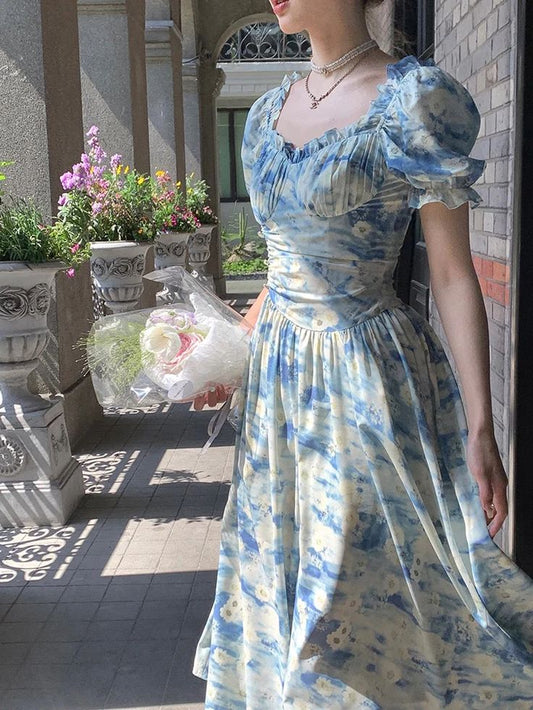 Robe de soirée longue en mousseline de soie, élégante, à fleurs bleues, robe de bal, robe d'invitée de mariage, robe d'anniversaire/de fête de jardin, robe de bal gh4091