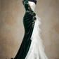 ✨Girlhomeshops-One Shoulder Emerald Green Velvet Mermaid Gown with 3D Rose and White Ruffle Train gh10501