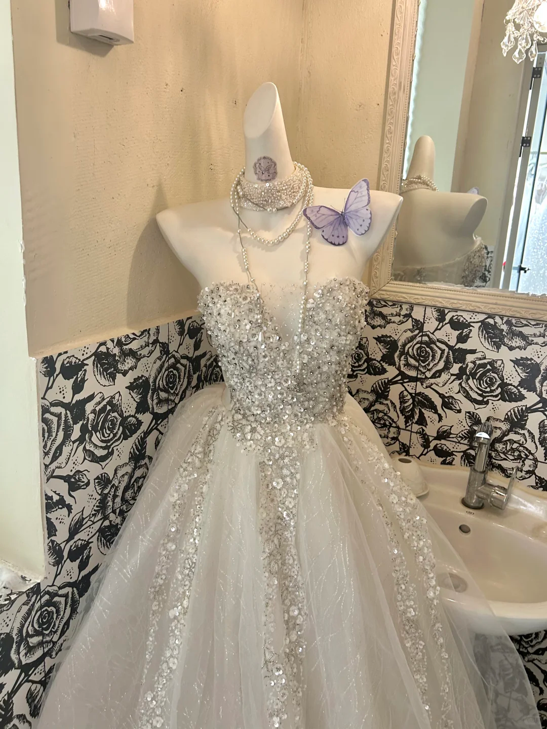 Ivory Strapless Rhinestone Waist-Cinched Full Flared Skirt Long Romantic Dress, Wedding Gown gh7765