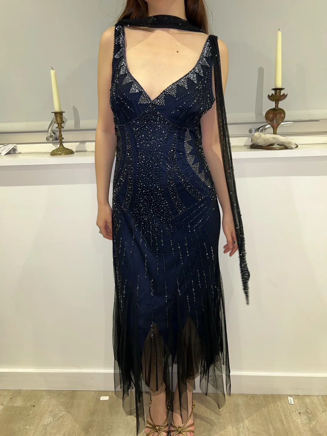 Navy Blue Sexy Vintage Elegant V-Neck Beaded Fitted Waist Prom & Evening Party Dress gh8438