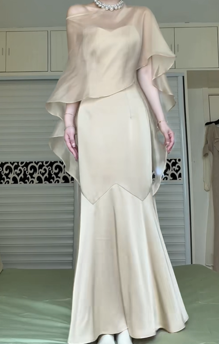 Champagne Satin Spaghetti Strap Long Evening Gown, Sweetheart Neck Mermaid Formal Prom Dress gh9032