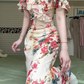 Vintage Floral Print Off‑Shoulder Spaghetti Strap Mermaid Evening Gown, Ruffle Neck Flowy Chiffon Formal Prom Dress gh9009