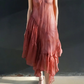 Dusty‑Rose Tie‑Dye Slip Midi Gown, V‑Neck Thin Spaghetti Straps, Flowy Chiffon Fabric, Asymmetrical Diagonal‑Cut Ruffle Skirt, Uneven Hanky Hem, Draped Crinkle Texture, Bohemian Vacation Photoshoot Evening Dress gh8859