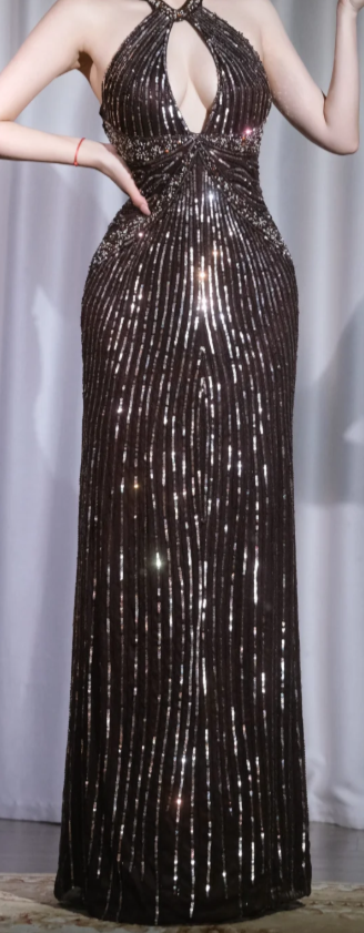 ✨Girlhomeshops-Black Halter Mermaid Prom Dress Vertical Sequin Striped Cutout Evening Gown gh9966