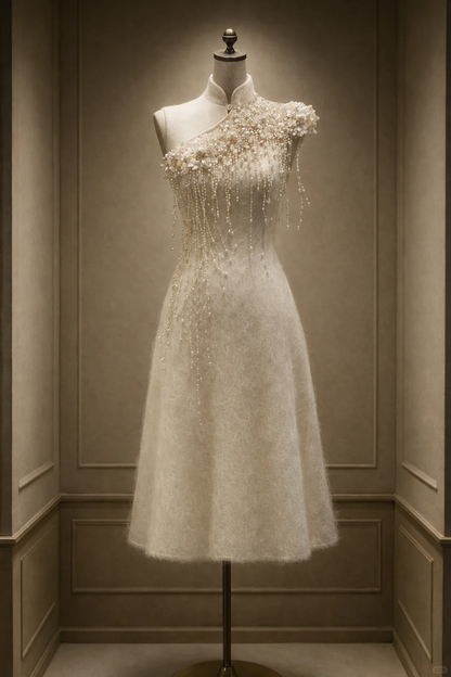 ✨Girlhomeshops-Pearl Tassel 3D Floral Ivory Qipao Cheongsam Midi Evening Dress gh10485