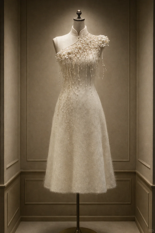 ✨Girlhomeshops-Pearl Tassel 3D Floral Ivory Qipao Cheongsam Midi Evening Dress gh10485
