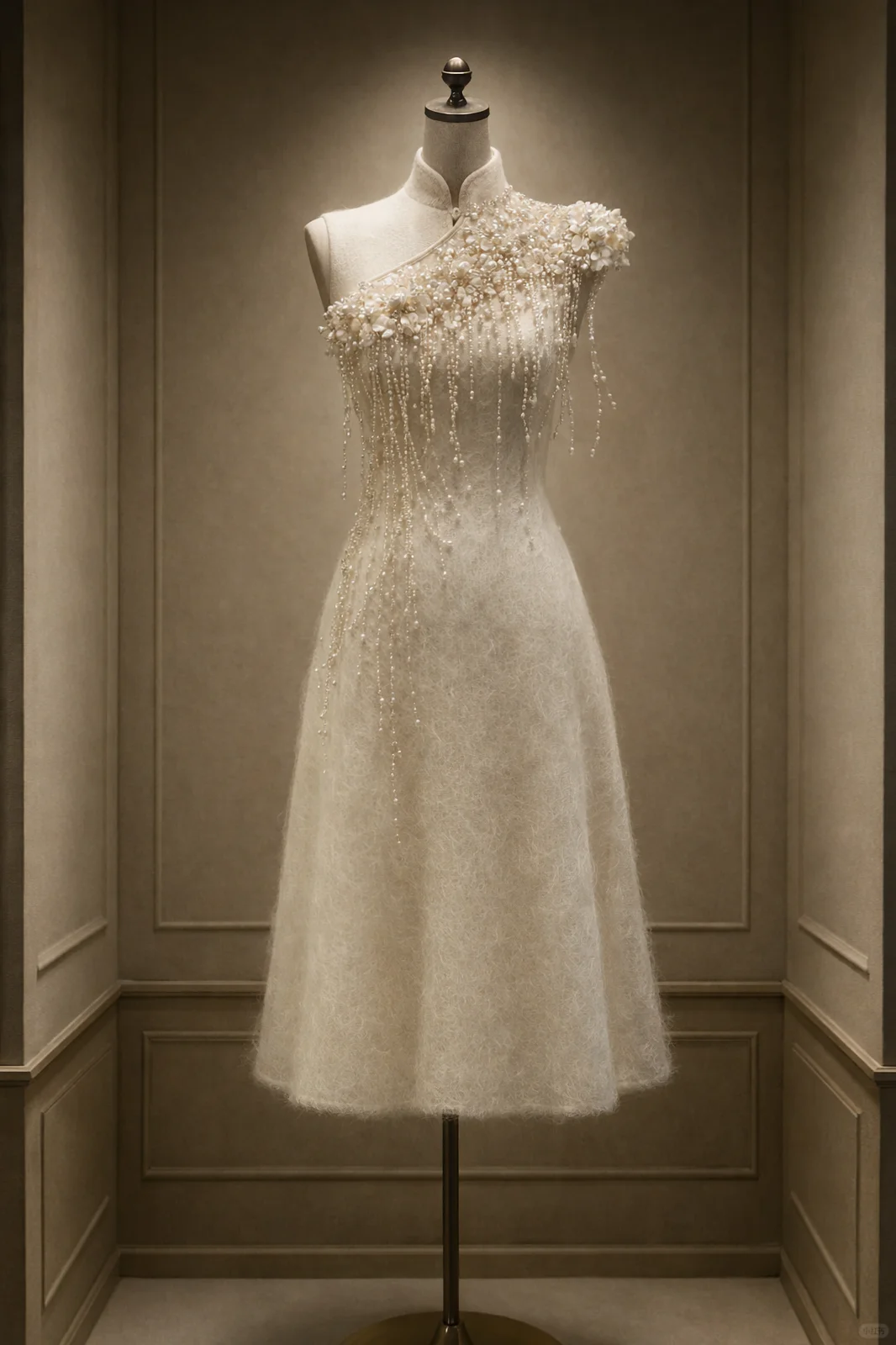 ✨Girlhomeshops-Pearl Tassel 3D Floral Ivory Qipao Cheongsam Midi Evening Dress gh10485