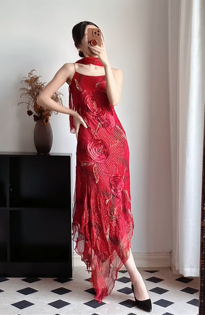 Wine‑Red‑Vintage‑Dress Spaghetti‑Strap 3D‑Rose‑Appliqués Gold‑Beaded‑Embroidery Glitter‑Striped‑Tulle Asymmetrical‑Ruffled‑Slit‑Mermaid‑Hem Matching‑Tassel‑Scarf Midi‑Evening‑Party‑Gown gh8828