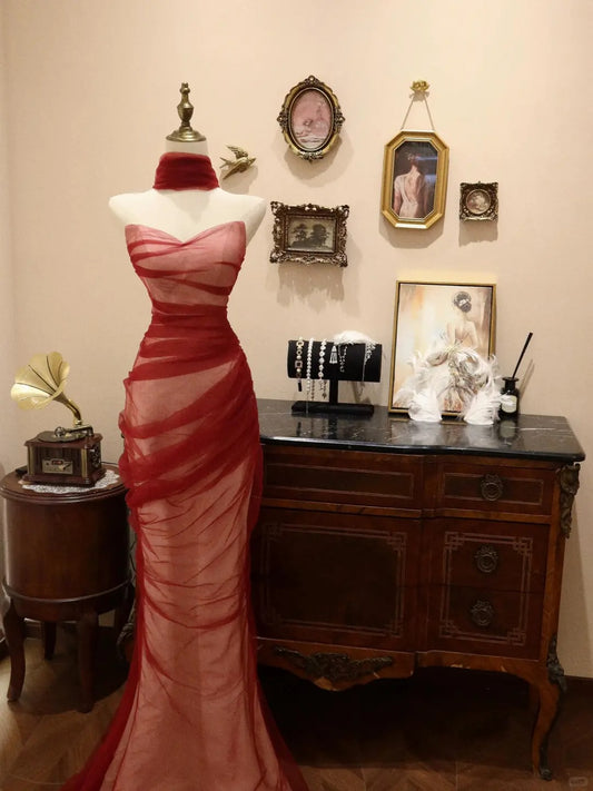Red vintage fashion elegant long slim mermaid tulle ball gown evening dress party dress prom dress gh3652