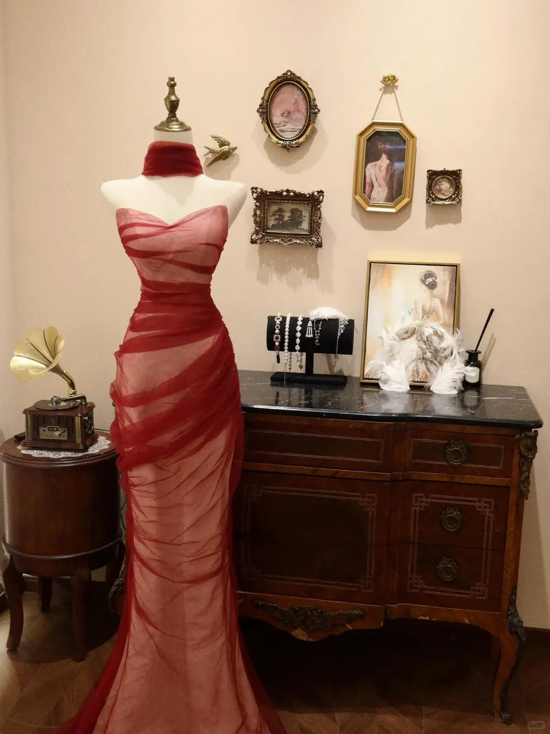 Red vintage fashion elegant long slim mermaid tulle ball gown evening dress party dress prom dress gh3652