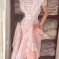 Light Pink Gradient Vintage Edwardian Long Gown, Lace Cap Sleeve A-Line Dress gh9309