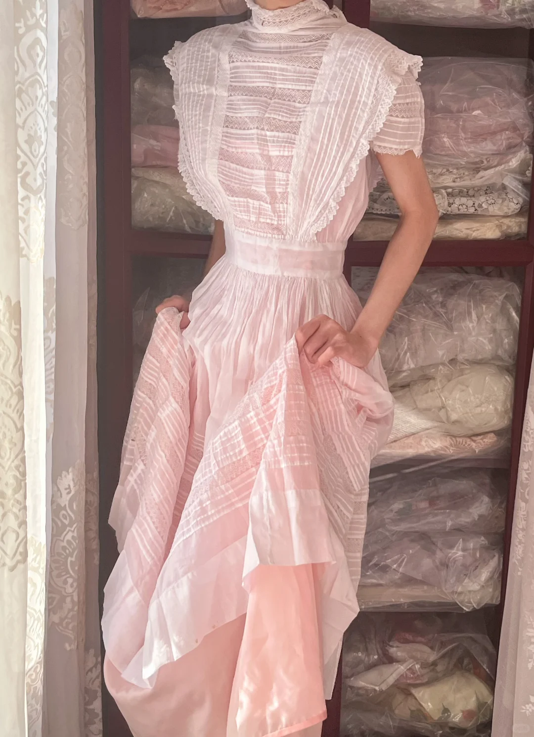 Light Pink Gradient Vintage Edwardian Long Gown, Lace Cap Sleeve A-Line Dress gh9309