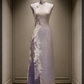 ✨Girlhomeshops-Lavender Purple Lace Floral Pleated Long Cheongsam Qipao gh10448