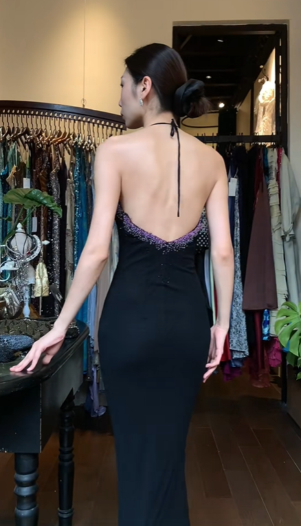 Black Halter Sweetheart Long Formal Gown Purple Rhinestone Beaded Mermaid Evening Dress gh9668