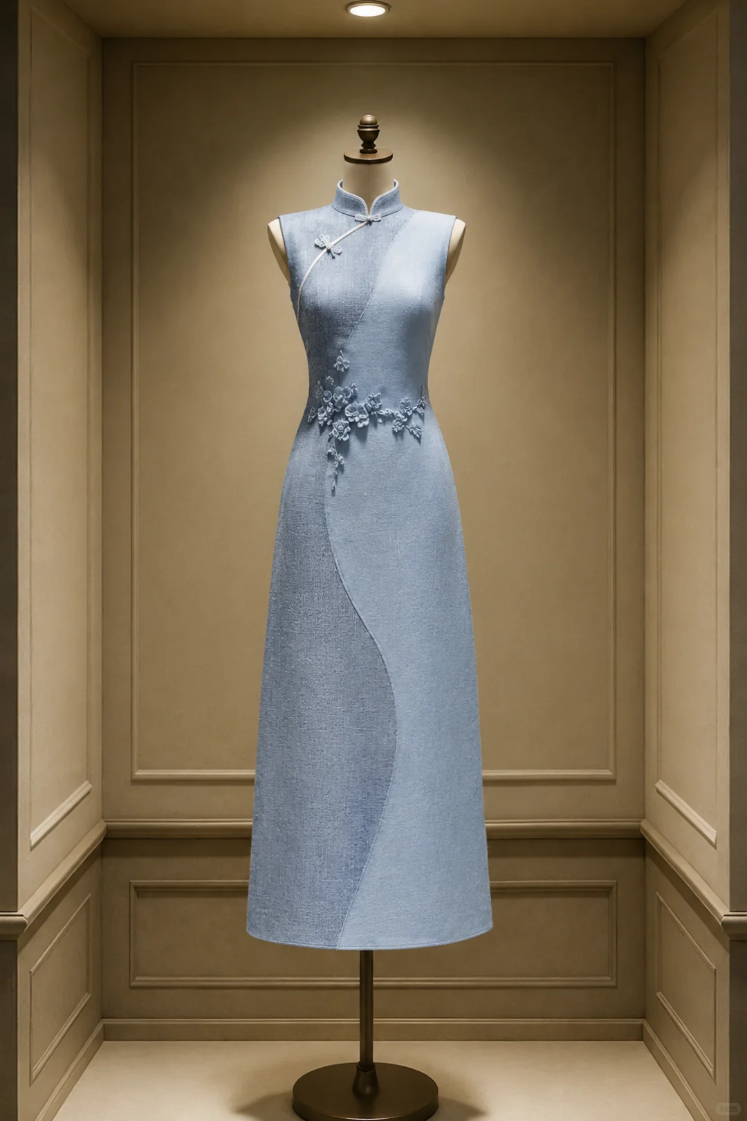 ✨Girlhomeshops-Light Ice Blue Butterfly Knot 3D Plum Floral Long Cheongsam Qipao gh10441