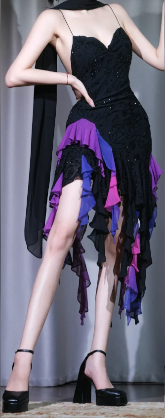 ✨Girlhomeshops-Backless Ruffle Prom Dress, Spaghetti Strap Black Lace Colorful Chiffon Mini Evening Gown gh9945