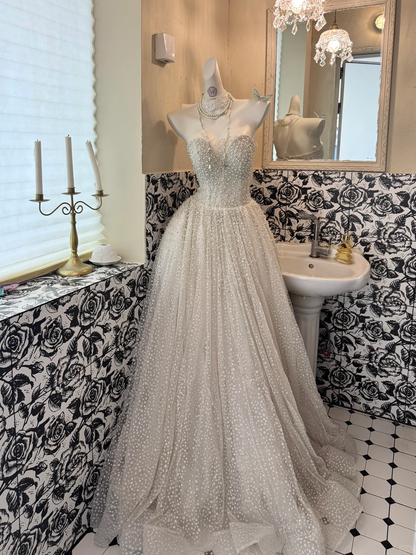 Light Apricot Beaded Strapless Waist-Cinched Elegant Long Romantic Dress, Wedding Gown gh7506