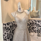 Light Champagne Sequin Halter Waist-Cinched Slimming Elegant Romantic Dress, Wedding Gown gh7623