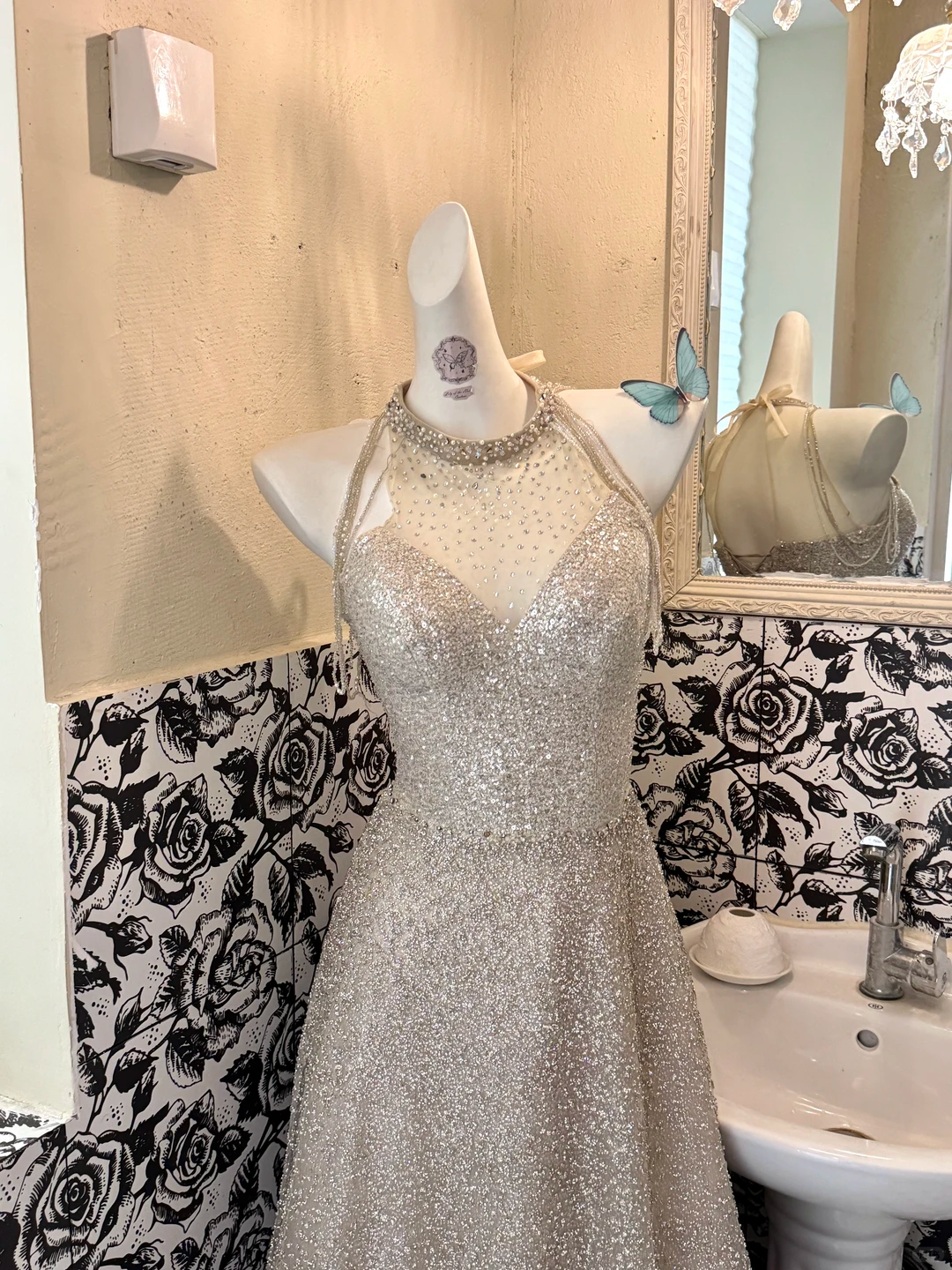 Light Champagne Sequin Halter Waist-Cinched Slimming Elegant Romantic Dress, Wedding Gown gh7623