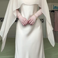 Beige Satin Cape Long Evening Gown, Round Neck Sheer Chiffon Cape Overlay Formal Prom Dress gh9020