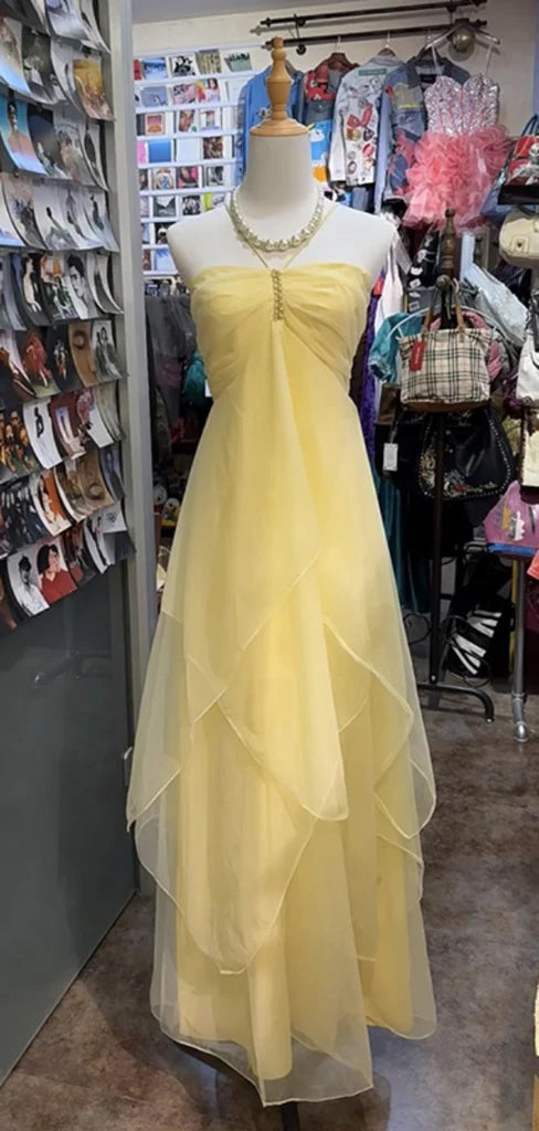 Robe de soirée longue en mousseline de soie, élégante et jaune, sans manches, coupe trapèze, en tulle, pour demoiselle d'honneur, robe de soirée pour invité de mariage, gh4116