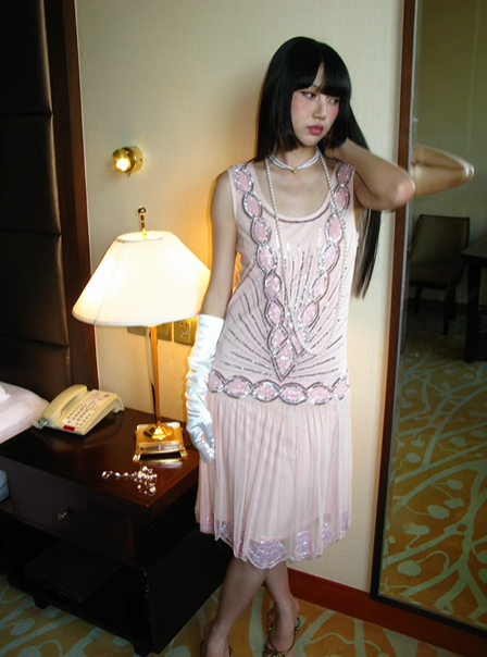 Light Pink Vintage Sequin & Beaded Fitted Waist Elegant Luxury Prom Gown, Evening Party Dress gh8356