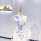 Elegant White Waist-Cinched Fitted Long Evening Dress with Blue Print, Fairy Gown, Romantic Gown gh7422