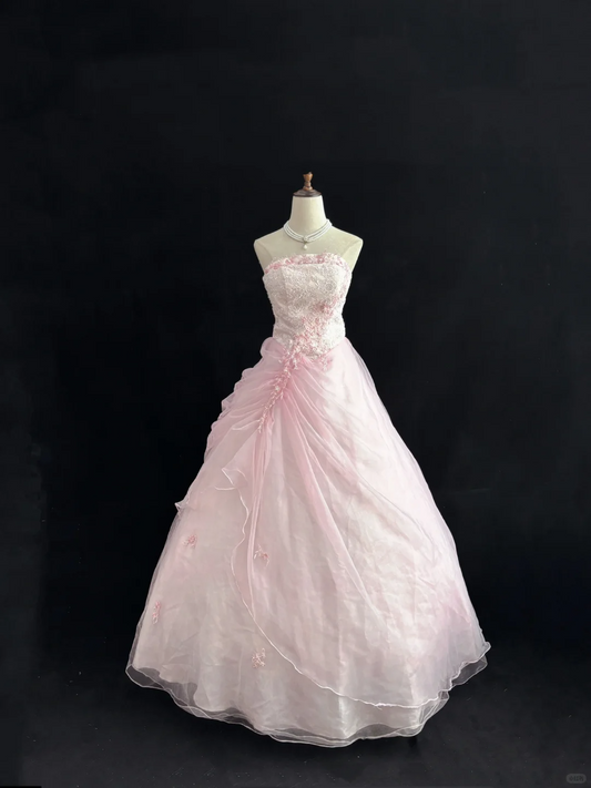 Blush Pink Strapless Romantic Gown with Embroidery, Cinched Waist & Voluminous Princess Skirt, Wedding Dress & Bridal Gown gh8130